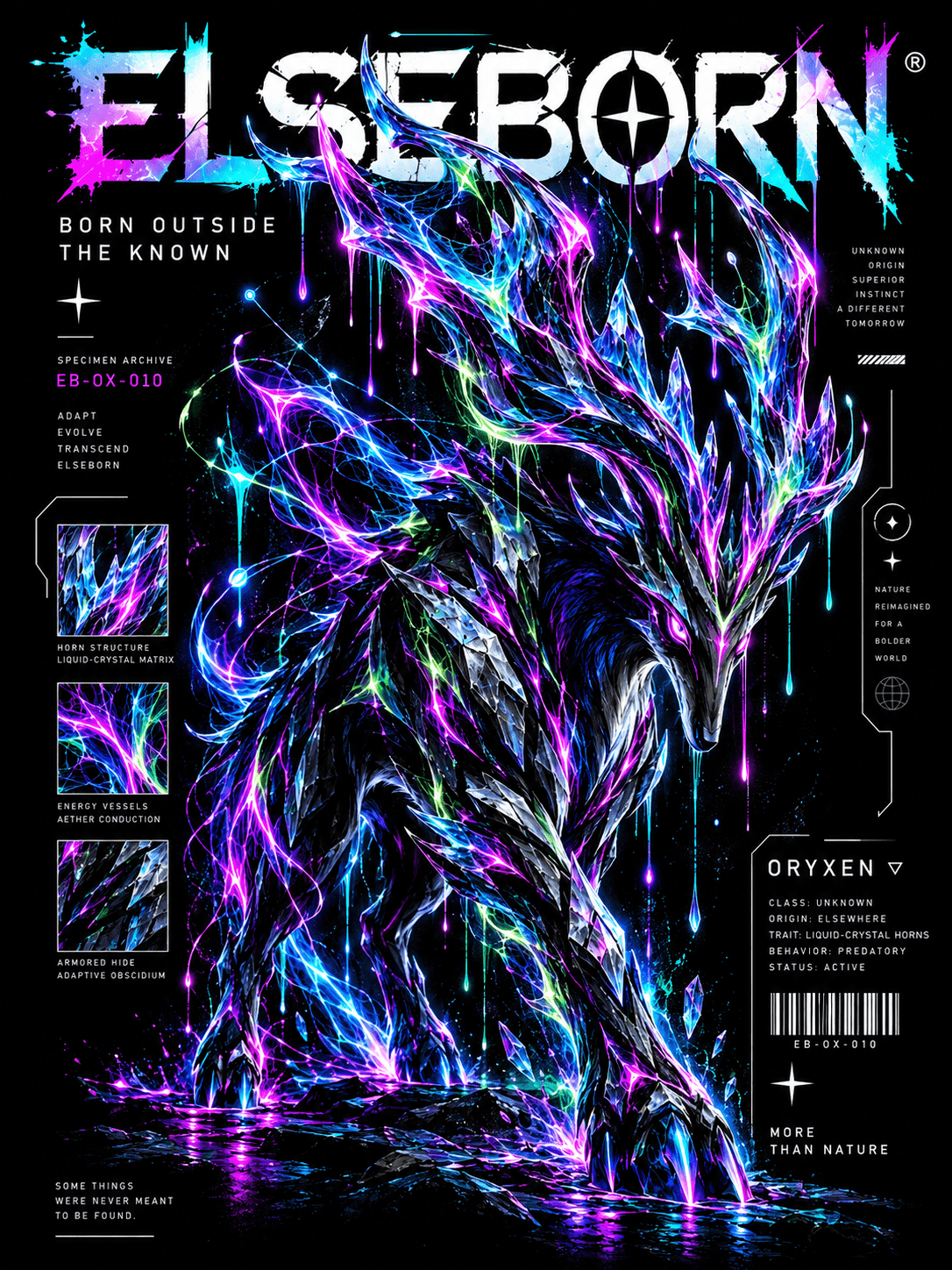 Creatura luminosa sopra una superficie scura; concept con wordmark storico