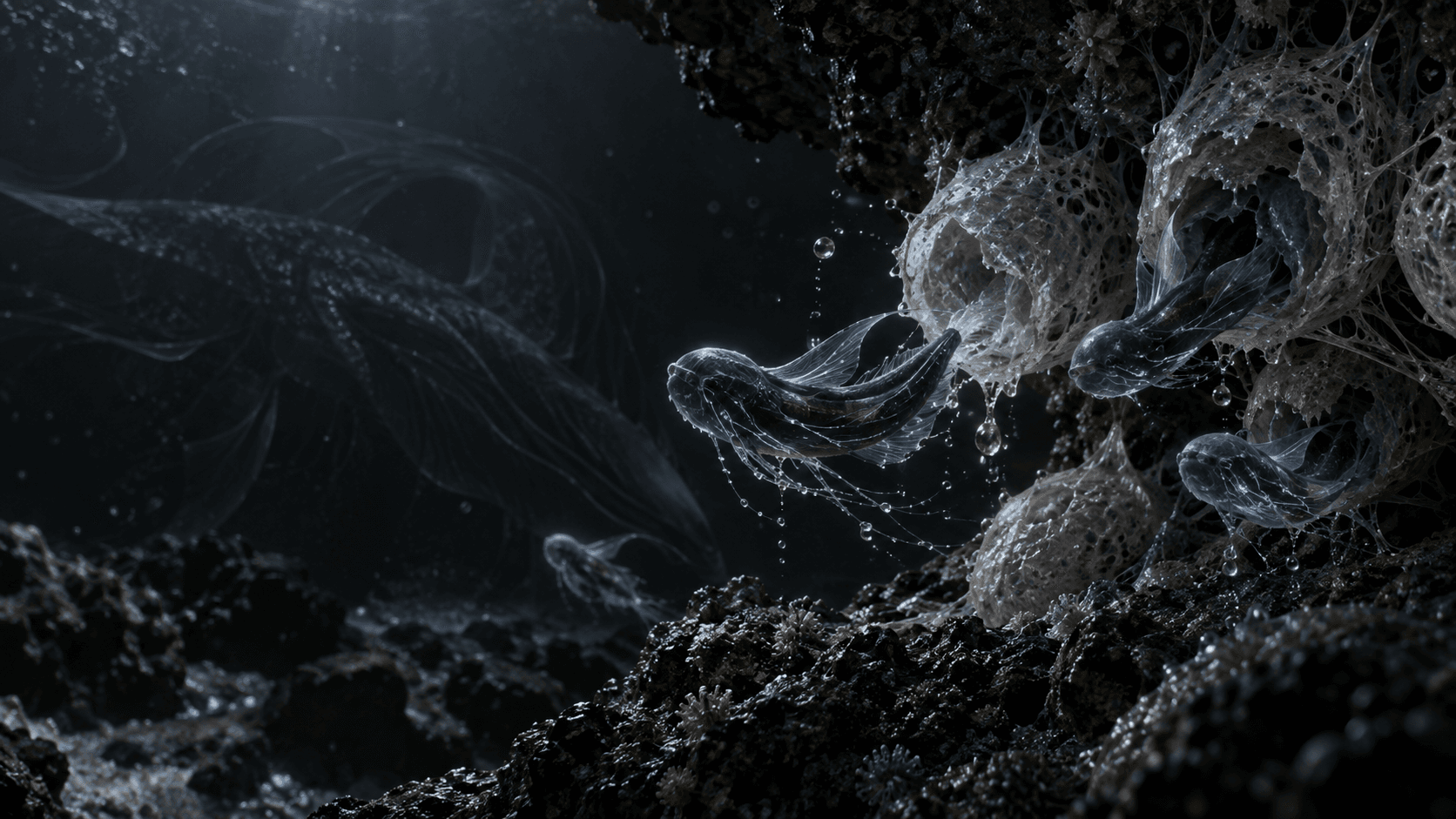 Piccole forme traslucide emergono da ripari minerali sul fondale di un oceano scuro; un organismo più grande si intravede lontano.